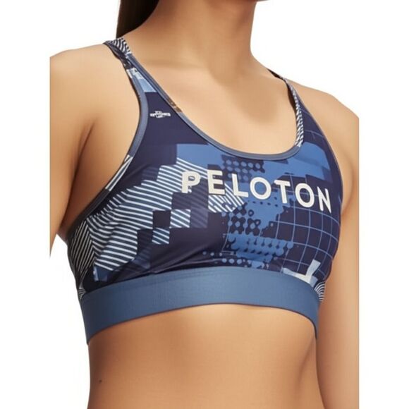 Adidas Peloton L Sports Bra Blue Geometric Racerback Athletic Workout - Picture 1 of 9